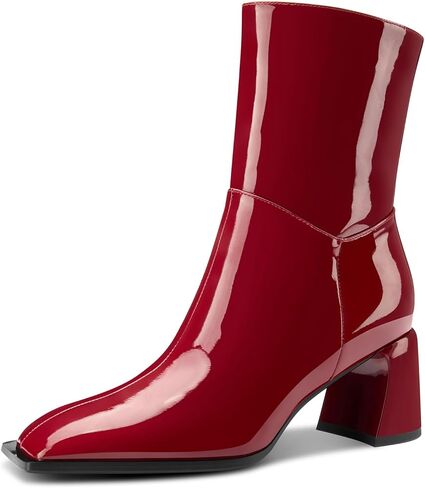 Aachcol Womens GoGo Boots Square Toe Block Mid Heel Elastic Ankle Boots Mid Calf Side Zipper Patent Leather Short Booties in Kuwait