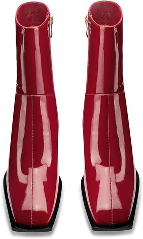 Aachcol Womens GoGo Boots Square Toe Block Mid Heel Elastic Ankle Boots Mid Calf Side Zipper Patent Leather Short Booties in Kuwait