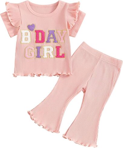Kayotuas Toddler Baby Girl Birthday Outfit Ruffle Ribbed Knit Short Sleeve T-Shirts Tops Flare Pants Cute 2 Piece Clothes Set in Saudi Arabia