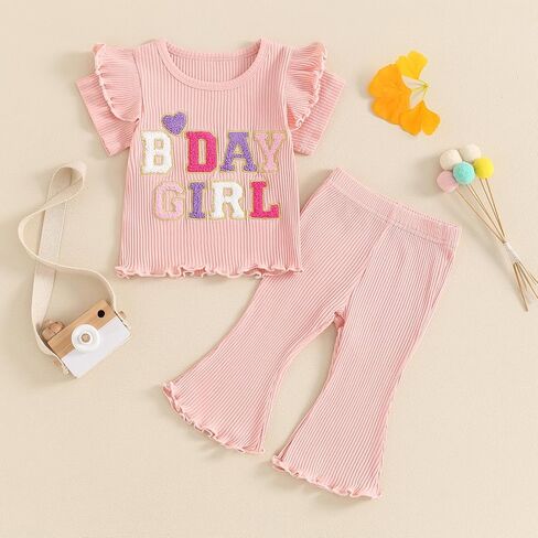 Kayotuas Toddler Baby Girl Birthday Outfit Ruffle Ribbed Knit Short Sleeve T-Shirts Tops Flare Pants Cute 2 Piece Clothes Set in Saudi Arabia