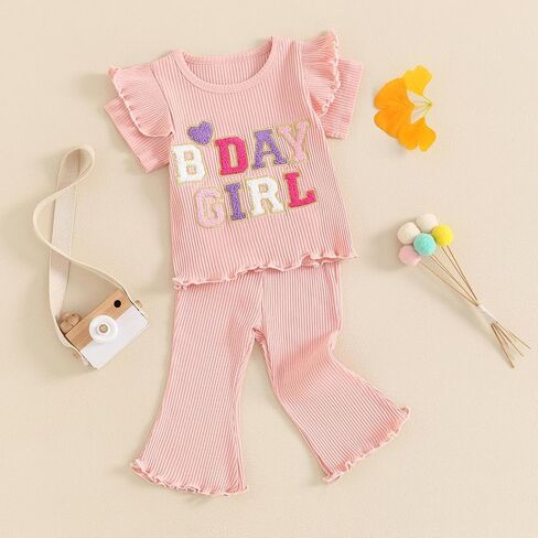 Kayotuas Toddler Baby Girl Birthday Outfit Ruffle Ribbed Knit Short Sleeve T-Shirts Tops Flare Pants Cute 2 Piece Clothes Set in Saudi Arabia