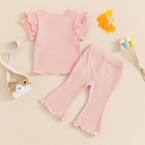 Kayotuas Toddler Baby Girl Birthday Outfit Ruffle Ribbed Knit Short Sleeve T-Shirts Tops Flare Pants Cute 2 Piece Clothes Set in Saudi Arabia
