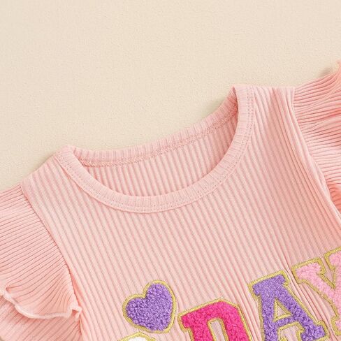 Kayotuas Toddler Baby Girl Birthday Outfit Ruffle Ribbed Knit Short Sleeve T-Shirts Tops Flare Pants Cute 2 Piece Clothes Set in Saudi Arabia