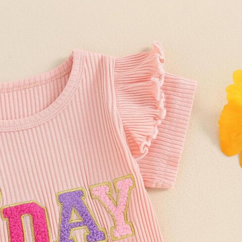 Kayotuas Toddler Baby Girl Birthday Outfit Ruffle Ribbed Knit Short Sleeve T-Shirts Tops Flare Pants Cute 2 Piece Clothes Set in Saudi Arabia