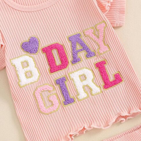 Kayotuas Toddler Baby Girl Birthday Outfit Ruffle Ribbed Knit Short Sleeve T-Shirts Tops Flare Pants Cute 2 Piece Clothes Set in Saudi Arabia