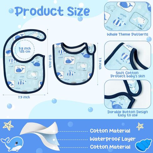 Cotton Drooling Baby Bib - 3Pcs Unisex Boy Girl Cotton Teething Infant Bibs with Adjustable Buttons Blue Whale Toddler Food Bibs Keepsake Baby Gift Photo Props for Baby Shower (6-12 months) in Saudi Arabia