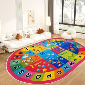 USTIDE Large Oval Kids Rug 5x7,ABC Alphabet Numbers Educational & Fun Classroom Rug Non-Slip Boys Play Mat Blue Rug Learning Area Rug for Bedroom Playroom Decor