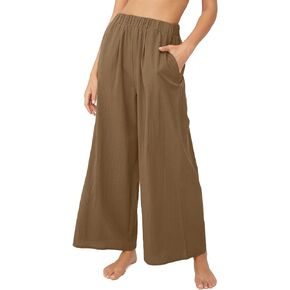 utcoco Women's Cotton Linen Wide Leg Pants Casual Loose Stretchy High Waisted Pants Trouses