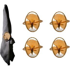Floral Feast Set of 4 Square Handmade Dried Pressed Flower Glass Panel Art Napkin Ring | Dining Table Decoration for Wedding Banquet Party | Housewarming Gift