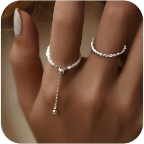 Stackable 925 Sterling Silver Link Chain Ring with Dangle Beaded Ball Adjustable Tassel Dangling Ring for Women Thin Sparkling Bling Finger Statement Line Ring Jewelry Graduation Gifts for Her