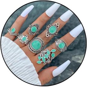 Turquoise Rings Set for Women Western Stackable Knuckle Rings Bohemian Ethnic Turquoise Cactus Rings Turquoise Knuckle Rings for Women and Girls Gifts