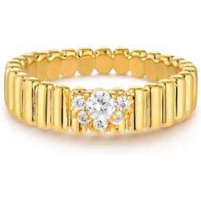 Gold Ribbed Ring for Women Half Flower Diamond Cubic Zirconia 14K Gold Plated Minimalist Stack Band Finger Jewelry Size 6-8