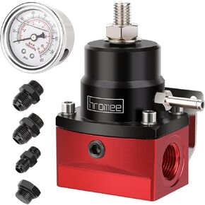Hromee Black-Red Adjustable Universal Aluminum Fuel Pressure Regulator Kit with Bypass Return 0-160psi 1.5 inch liquid filled pressure gauge, 4Pcs Hose Adapter Fitting