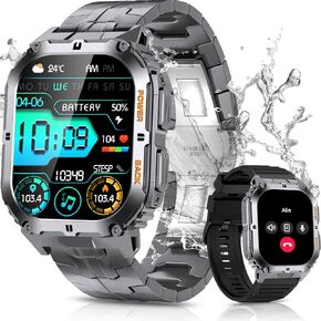 Military Smart Watches for Men(Answer/Dial Calls), 1.96" AMOLED Rugged Tactical Watch with IP68 Waterproof, 100+ Sports Modes/Step Counter/Blood Pressure Monitor Smartwatch for Android iOS