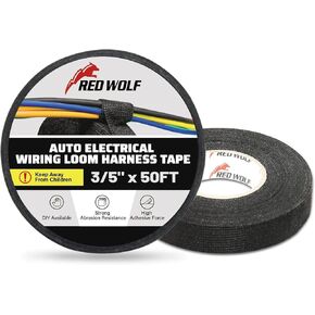 RED WOLF Wire Loom Harness Cloth Tape Electric Self-Adhesive Fabric Tape High Temp for Automobile Electrical Harness Wrap Noise Damping Protection Insulation Cable Fixed 2 Rolls Black 3/5 Inch x 50FT