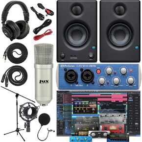 واجهة الصوت Presonus AudioBox 96 (قد تختلف باللون الأزرق أو الأسود) حزمة الاستوديو الكاملة مع حزمة برامج Studio One Artist مع شاشات استوديو Eris 3.5 زوج، وميكروفون مكثف، وكابلات أدوات 1/4 بوصة in Kuwait
