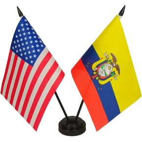 America & Ecuador Friendship Twin Desk Flag, US Ecuador Table Flags, 8 x 5 Inches American & Ecuadorian Deluxe Desk Flag Set - Miniature USA & Ecuador Stick Flag with Flag Stand
