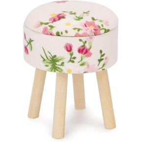 Dollhouse Stool Miniature Round Upholstered 1:12 Scale Wooden Stool Ornament Dollhouse Furnishing Accessories Mini Scene Furniture (Pink)