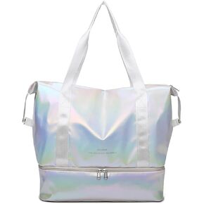 Large Travel Duffle Bag Dry/Wet Separation Tote Bag Lightweight Waterproof Gym Yoga Bag Weekend Overnight Bag (White)