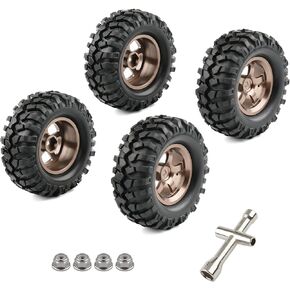 4PCS 12mm Aluminum Wheel Rims and Tires Set with Lock Nuts, OD 96mm Off Road Tires for 1/10 RC Rock Crawler Truck, Titanium Gold