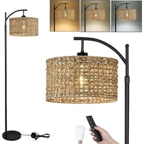 Floor Lamp for Living Room Bedroom with Remote Boho Rattan Arc Standing Lamp Dimmable Farmhouse Wicker Bamboo Lamp Shade Floor Light Adjustable Tall Lamp Floor Lamps Bohemian