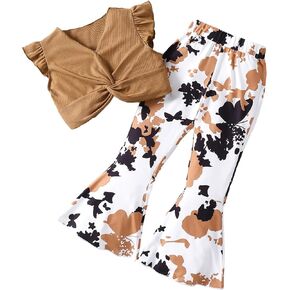 Floerns Girl's 2 Piece Outfit Twist Front V Neck Tee Shirt Flare Leg Pants Set