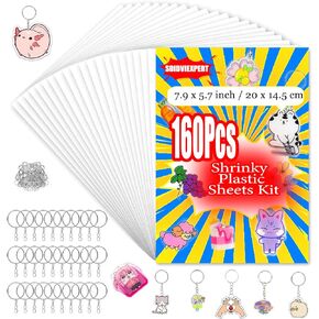 SDIDVIEXPERT 160Pcs Shrink Plastic Sheets Kit,7.9 x 5.7 inch Shrink Paper Sheets and Keychains Making Accessories for Kids DIY Creative Craft and Art Supplies
