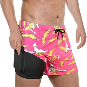 Mens Swim Trunks with Compression Liner and Pocket Stretch Beach Shorts Quick Dry Board Shorts