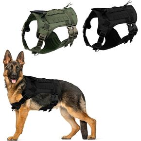 سرج K9 التكتيكي للكلاب - 5 نقاط قابلة للتعديل بمقبض عالي التحمل، سترة مضادة للسحب للكلاب الكبيرة - جاهز للتصحيح، طراز عسكري - مثالي للتدريب والصيد والمشي (أخضر، كبير)