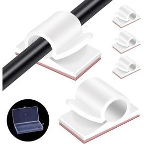 Large Cable Clips with Storage Box, 50pcs White Adhesive Cable Holder Clips, Outdoor Light Wire Clips Cable Tidy Hooks Cord Organiser for Cable Management, Home Office Desk Wall, 14x20mm