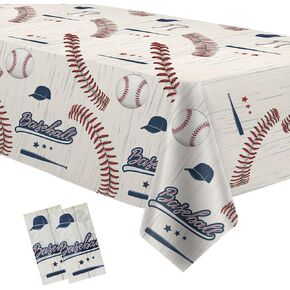 Baseball Party Tablecloth, 2 Pack (54x108in), Disposable Material, Red & Blue, Rectangular, Table Decorations for Birthday, Baby Shower, Sports Themed Events