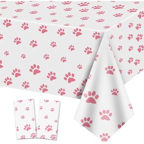 2 Pack Puppy Paw Print Tablecloth, 51x87'' Pink Plastic Disposable Table Cover for Pet Themed Party Decorations for Cat Dog Birthday Party Supplies Lets Pawty Party Supplies Pet Shower Party Decor
