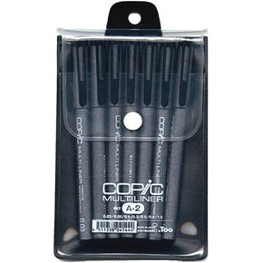 Copic Multiliner Waterproof Pigment Ink Pens Set A2, Pack of 7, Black Ink (MLA2)