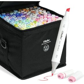 Ohuhu Alcohol Markers, 120-color Marker Set for Artists, Oahu Series, Double Tipped Alcohol Based Art Markers for Adults Coloring Sketching Illustration, Marker Case, Fine & Chisel