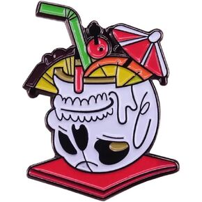 Tiki Skull Mug Cocktail Drink Pina Colada Umbrella Straw Mai Tai 1.25" Enamel Pin Badge
