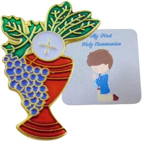 First Communion Chalice Pin Set for Boys with Holy Prayer Card Pack