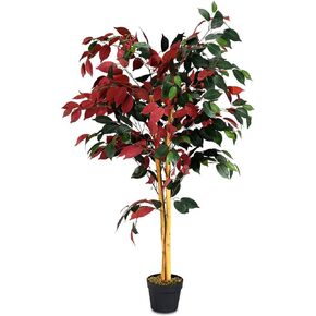 COSTWAY Fake Artificial Greenery Plants in Pots Decorative Home, Office, Lobby (4Ft Ficus Tree), Green & Red