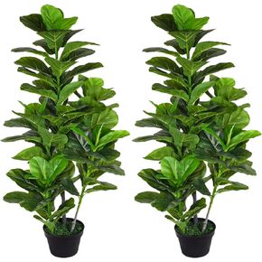 Artificial Fiddle Leaf Fig Tree 4ft Set of 2 - Faux Fig Plants Indoor Summer Fall Winter Home Decor in Pot - Fake Ficus Floor Plant Evergreen- Office Living Room Corner Decoration (2, 4.0 ft)