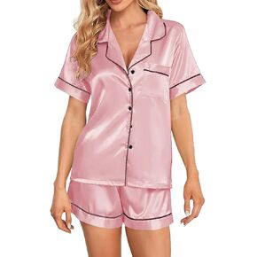 Umenlele Women's Satin Pajamas Short Sleeve Sleepwear Soft Silk Button Down Loungewear Pjs Shorts Set
