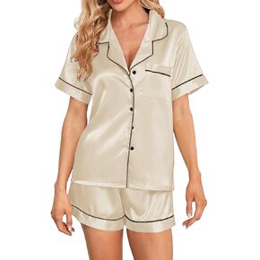 Umenlele Women's Satin Pajamas Short Sleeve Sleepwear Soft Silk Button Down Loungewear Pjs Shorts Set