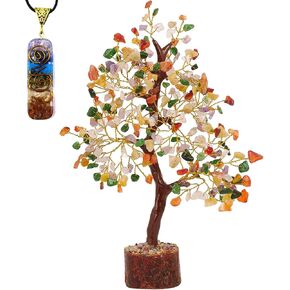 Citrine Crystal Bonsai Money Tree with Orgone Pendant and 7 Chakra Lava Bracelet for Reki Healing Good Luck Prosperity Spiritual Yoga Meditation & Home Office Décor