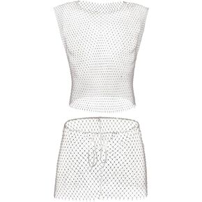 ABAFIP Men's Rave Outfits Sleeveless Sparkle Rhinestone Fishnet Crop Top Wrap Skirt 2Pcs Festival Clothes set