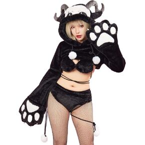 Women's Sheep Style Cosplay Lingerie Black Furry Paw Set Cute Fuzzy Hoodie Top and Bra Panty Outfit Homewear