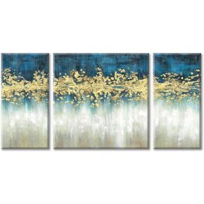 Abstract Wall Art Canvas Painting: Heavy Textured Hand-Painted Rustic Brushtroke Blue Gold & White Embellishment Picture Artwork for Wall (12"x 24"x 2Panels + 24'' x 24" x 1 Panels)
