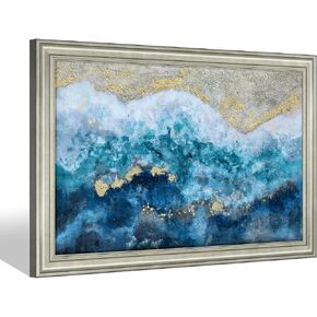 Abstract Canvas Wall Art Decor: Heavy Texture Blue Picture Hand Painted with Gold Foils Artwork Framed Modern Painting for Living Room (48''X32'')