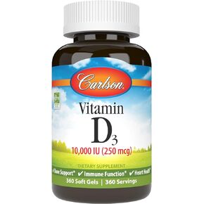 Carlson Vitamin D3 10,000 IU (250 mcg), Cholecalciferol, Bone & Immune Health, 360 Soft Gels
