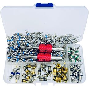 112 Pcs Air Conditioning Schrader Valve Cores for Car Home A/C Accessories R12 R134a Refrigeration Tire Valve Stem Core with Double Head Dual Dismantling Remover Installer Tool Assortment Kit