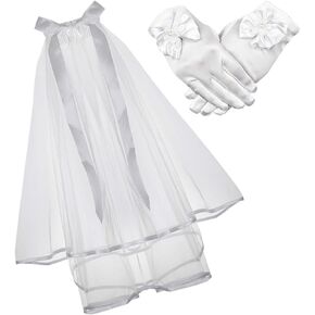 DDazzling Girl's White First Communion Gloves and Holy 1st Communion Veil Girls' Holy Ceremony,One Size