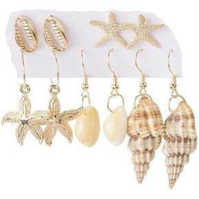 5pcs Beach Earrings Set for Women Girls Sea Shell Conch Starfish Hawaii Earrings Summer Holiday Ear Stud and Dangle Hoop Earring Set