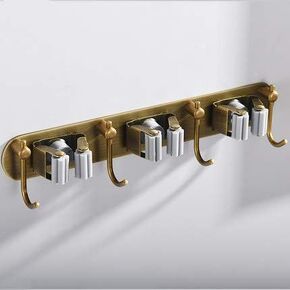 Fiunkes Mop Broom Holder Wall Mount Garden Tool Organizer, Brass Heavy Duty Tool Hanger with 3 Racks 4 Hooks for Kitchen Bathroom Closet Garage Office Laundry